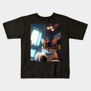 Adorable Kitten with Glasses - Modern Digital Art Kids T-Shirt